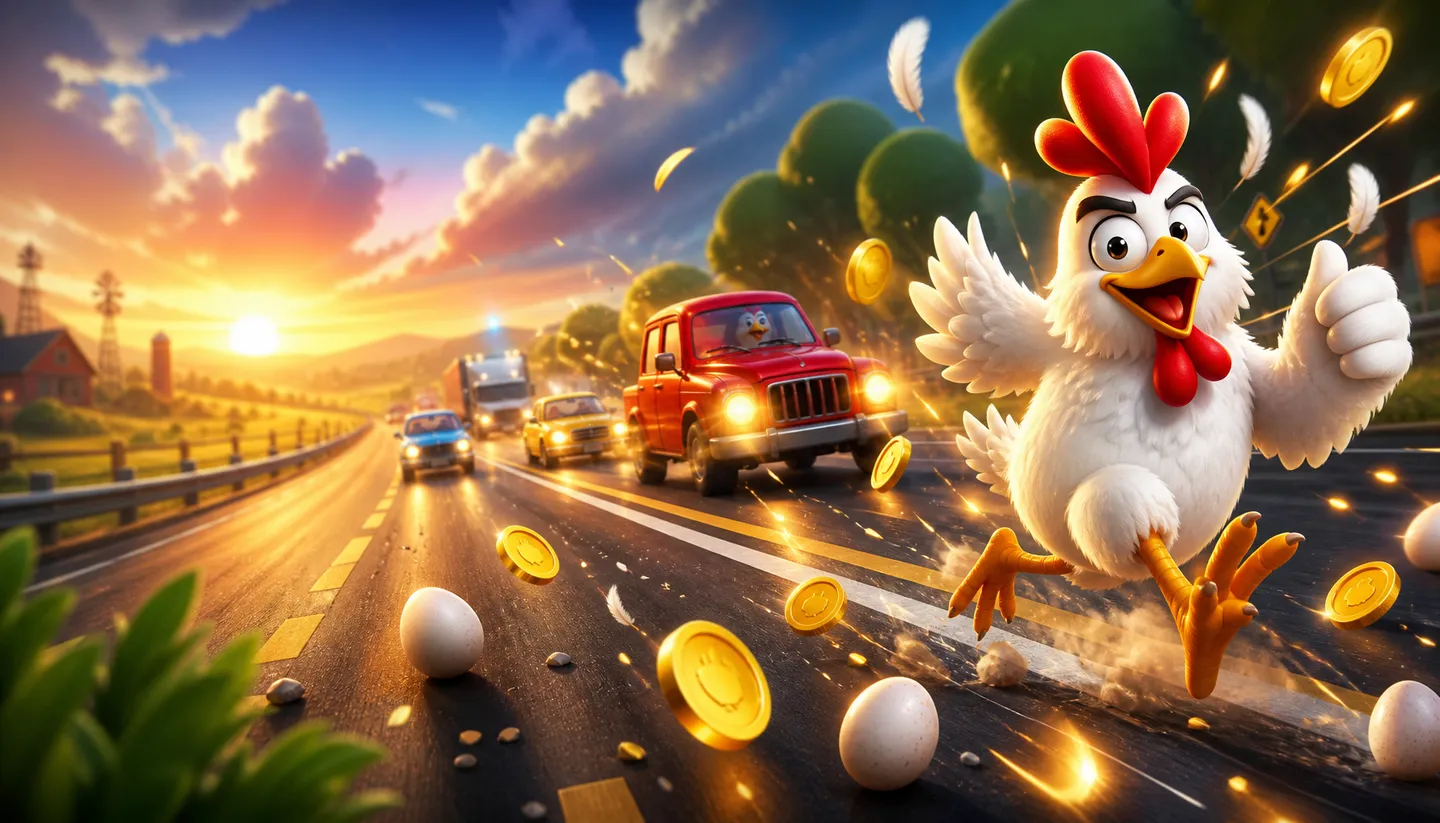 3D chicken confidently crossing a busy road with traffic, eggs, and coins in a dynamic game scene
