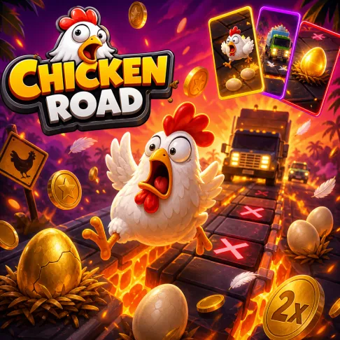 Vibrant Chicken Road slot game promo with funny chickens, road elements, and coins across full square frame