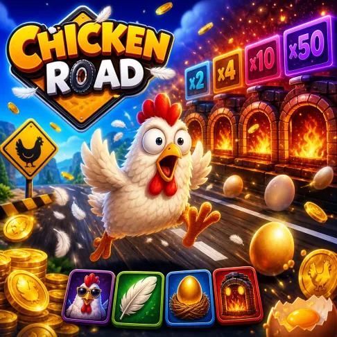 Chicken Road slot promo with funny chicken, road lanes, coins, and playful crash-game energy.